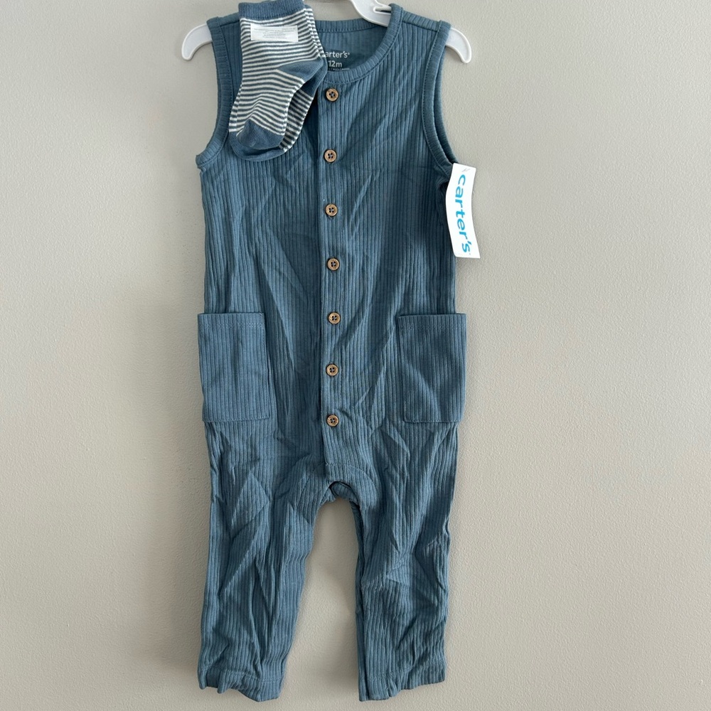 NEW Carter's 12m blue ribbed sleeveless pants Romper w matching socks